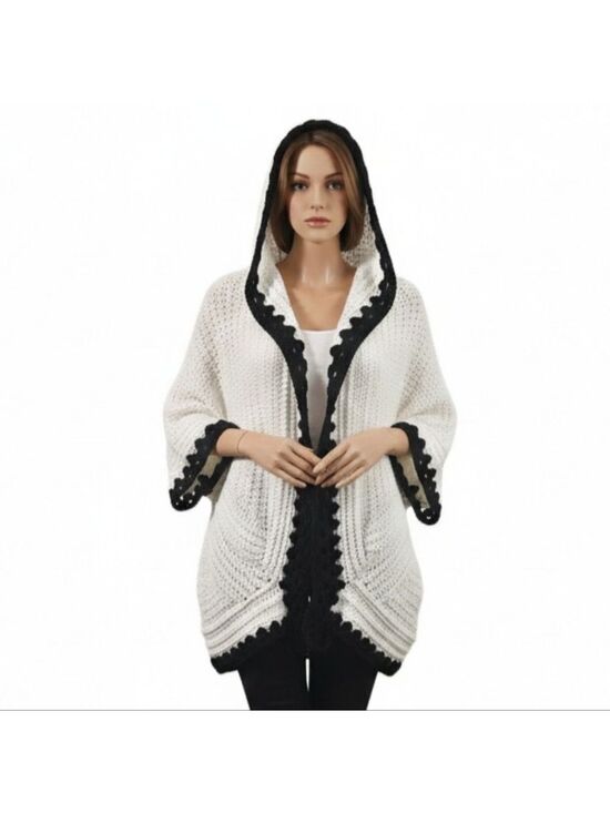 Handmade Sweaters - Handmade White Hand Knit Crochet Cocoon Cardigan Granny Square Black Open Front